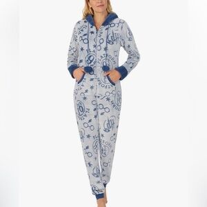 Harry Potter women’s blue onesie pajamas cozy fleece hooded pockets zippered L